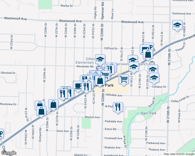 map of restaurants, bars, coffee shops, grocery stores, and more near 4273 West 222nd Street in Fairview Park