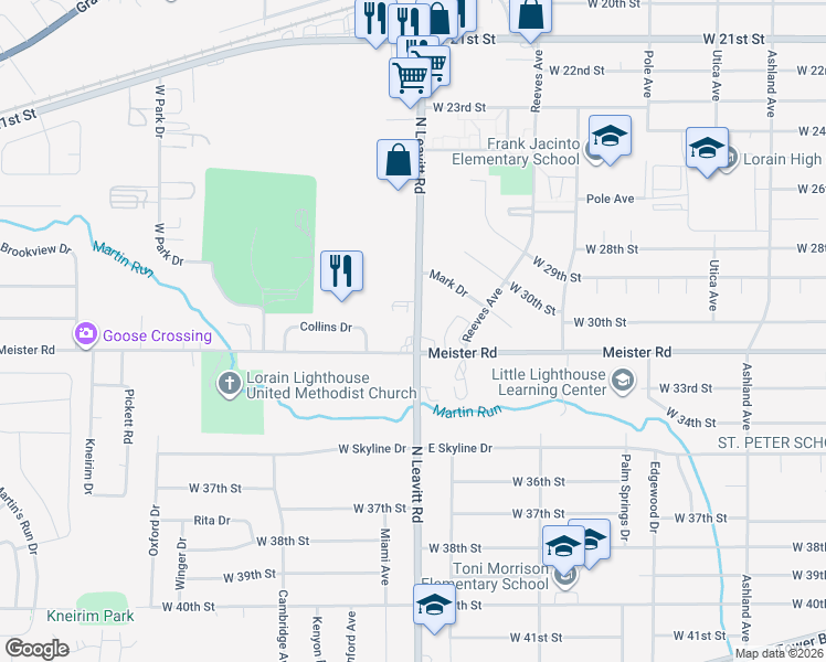 map of restaurants, bars, coffee shops, grocery stores, and more near 3054 North Leavitt Road in Lorain