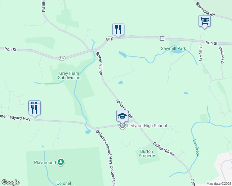 map of restaurants, bars, coffee shops, grocery stores, and more near 183 Spicer Hill Road in Ledyard