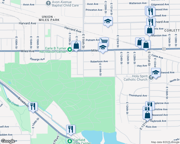 map of restaurants, bars, coffee shops, grocery stores, and more near 11705 Puritan Avenue in Cleveland