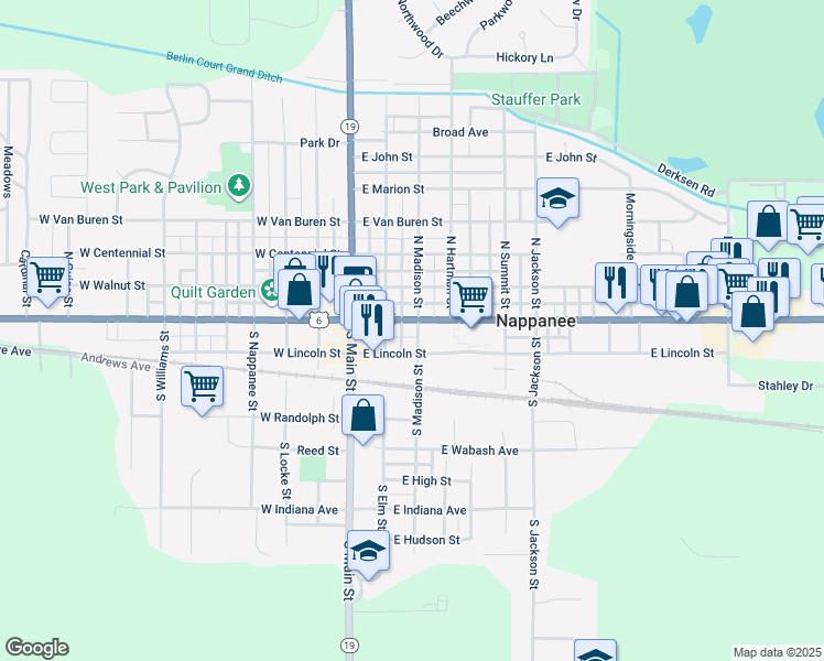 map of restaurants, bars, coffee shops, grocery stores, and more near 253 East Market Street in Nappanee