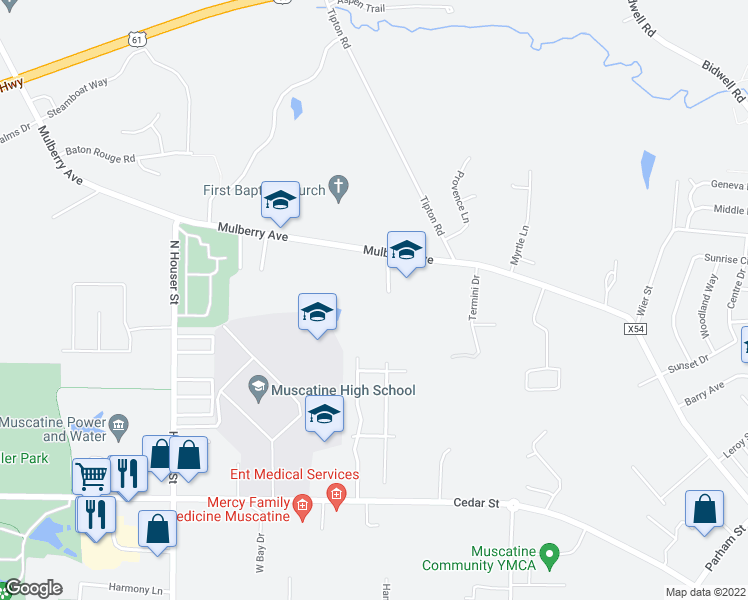 map of restaurants, bars, coffee shops, grocery stores, and more near 2918 Mulberry Avenue in Muscatine