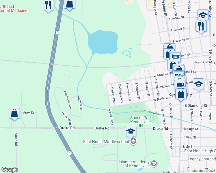 map of restaurants, bars, coffee shops, grocery stores, and more near 113 Parker Avenue in Kendallville