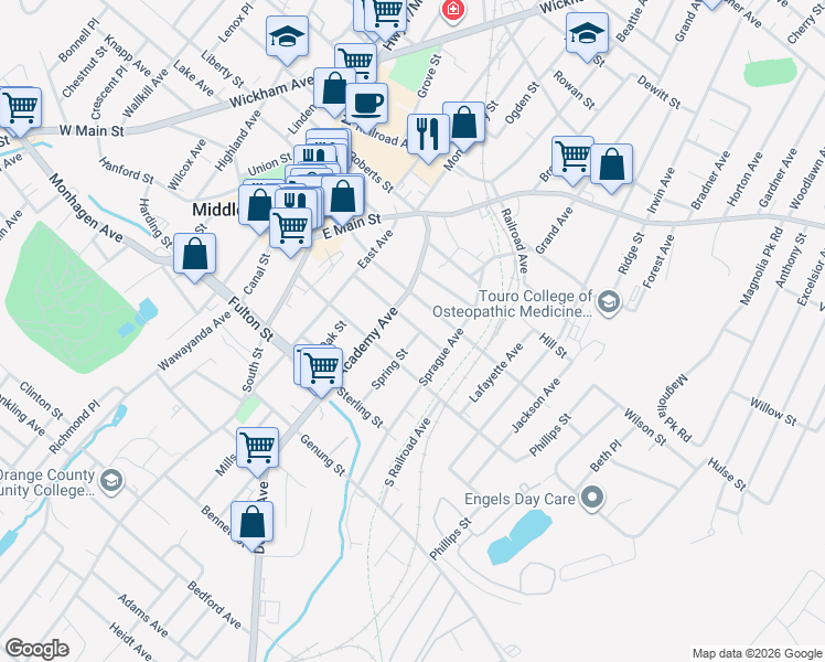 map of restaurants, bars, coffee shops, grocery stores, and more near 9 Spring Street in Middletown