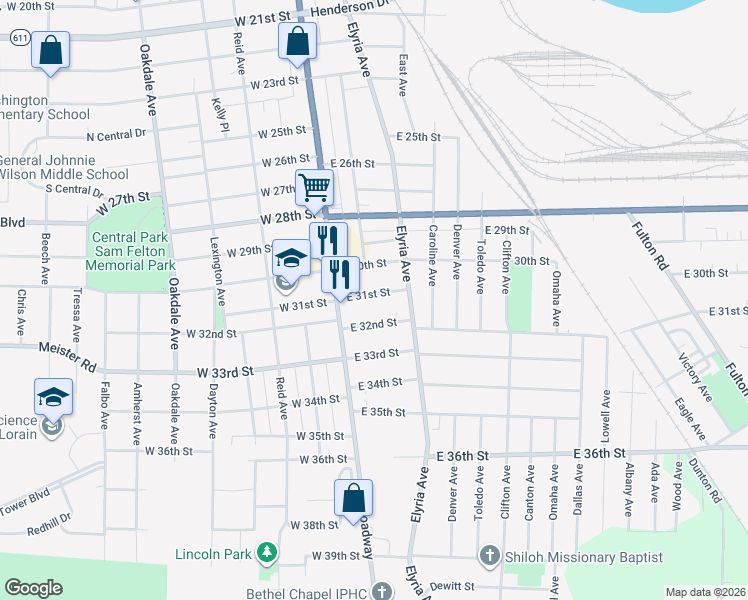 map of restaurants, bars, coffee shops, grocery stores, and more near 207 East 32nd Street in Lorain