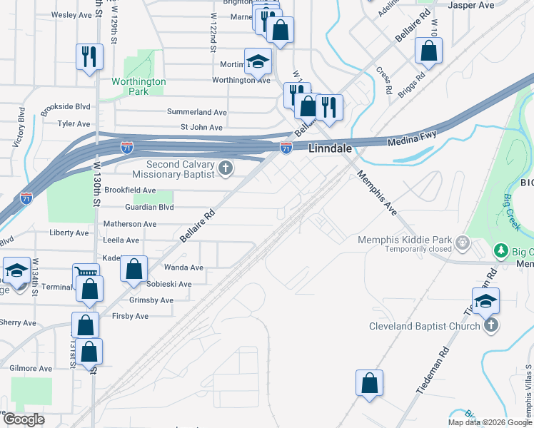 map of restaurants, bars, coffee shops, grocery stores, and more near 11704 Matherson Avenue in Cleveland