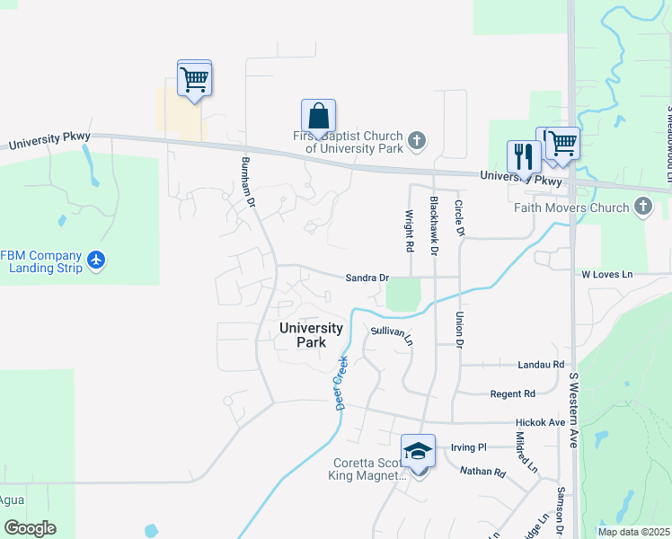 map of restaurants, bars, coffee shops, grocery stores, and more near 713 Sandra Drive in University Park