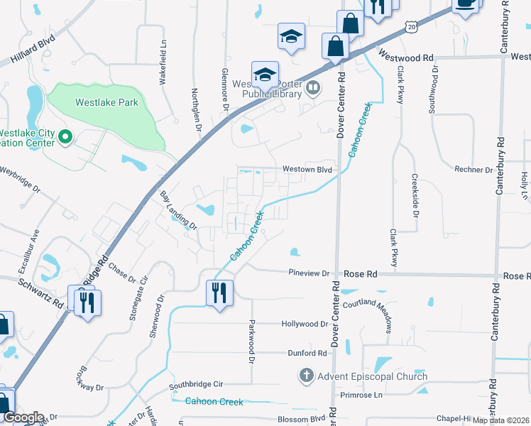 map of restaurants, bars, coffee shops, grocery stores, and more near 3250 Woodcreek Circle in Westlake