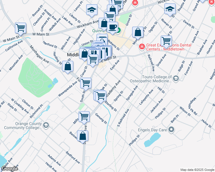 map of restaurants, bars, coffee shops, grocery stores, and more near 44 Washington Street in Middletown