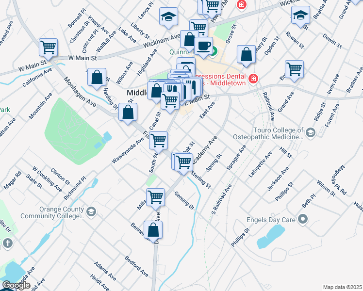 map of restaurants, bars, coffee shops, grocery stores, and more near 16 Oak Street in Middletown