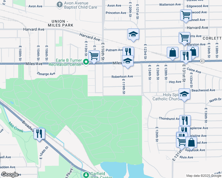 map of restaurants, bars, coffee shops, grocery stores, and more near 11705 Puritan Avenue in Cleveland