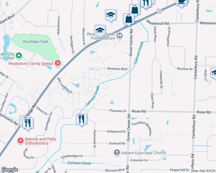 map of restaurants, bars, coffee shops, grocery stores, and more near 3214 Balsam Drive in Westlake