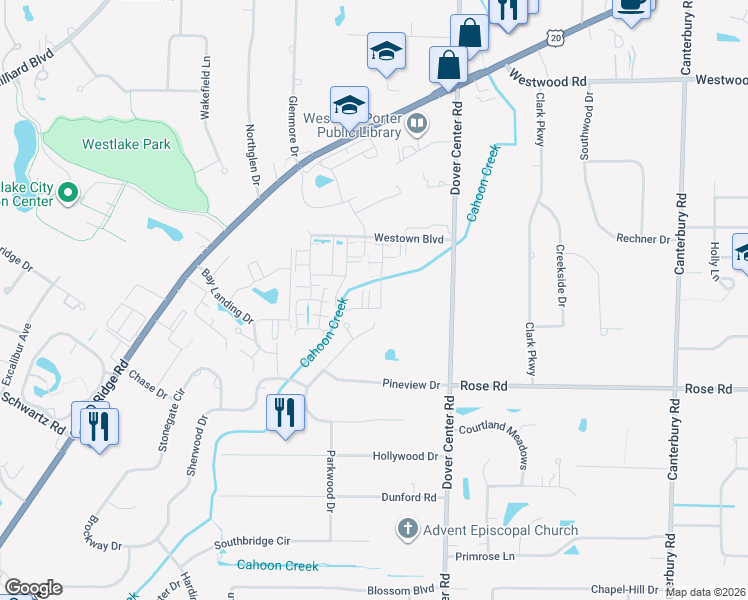 map of restaurants, bars, coffee shops, grocery stores, and more near 3214 Balsam Drive in Westlake