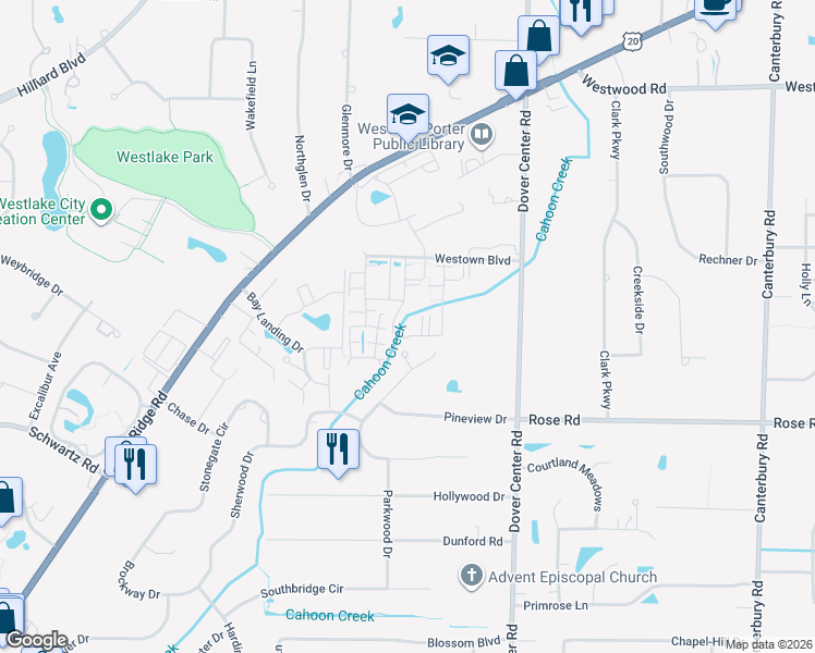 map of restaurants, bars, coffee shops, grocery stores, and more near 3250 Woodcreek Circle in Westlake
