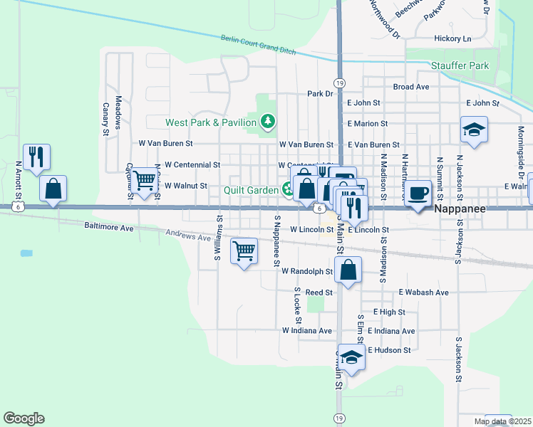 map of restaurants, bars, coffee shops, grocery stores, and more near 406 West Lincoln Street in Nappanee