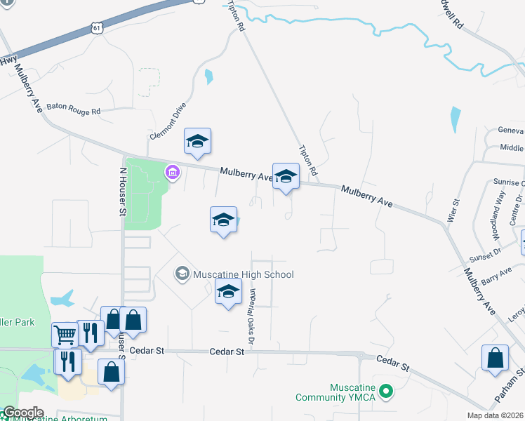 map of restaurants, bars, coffee shops, grocery stores, and more near 2918 Mulberry Avenue in Muscatine