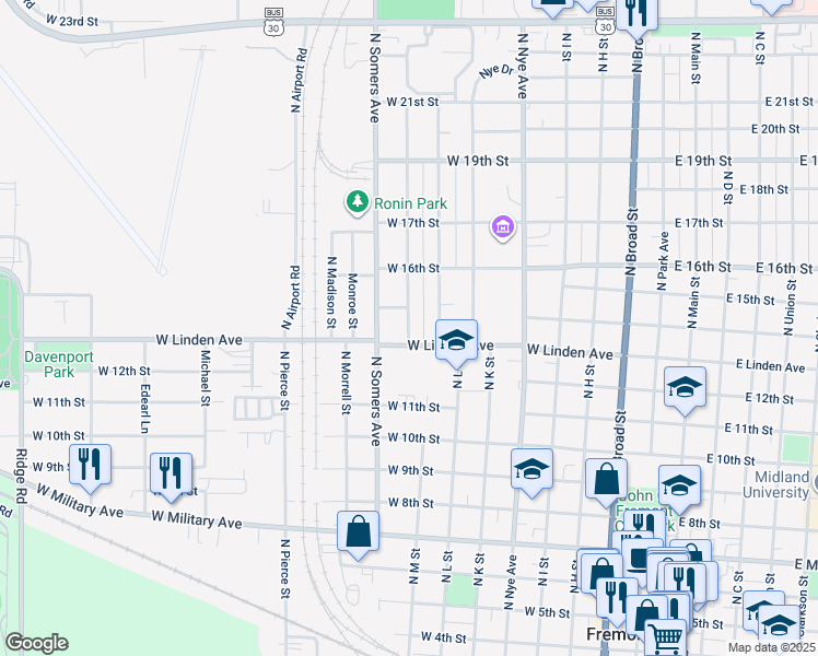 map of restaurants, bars, coffee shops, grocery stores, and more near 1303 North Keene Avenue in Fremont