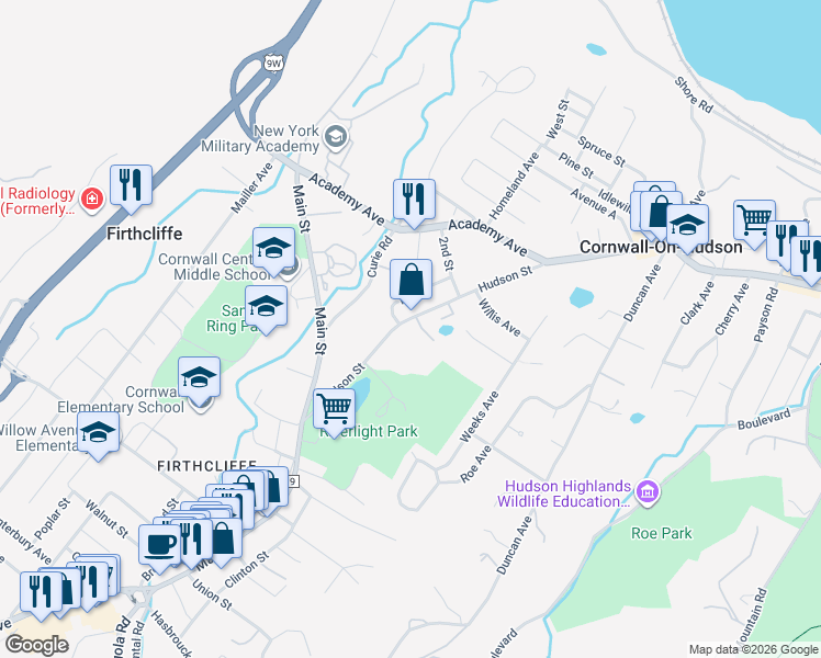 map of restaurants, bars, coffee shops, grocery stores, and more near 8 Kelly Lane in Cornwall-on-Hudson