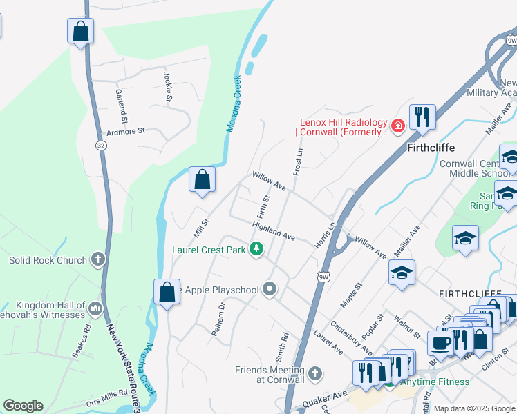 map of restaurants, bars, coffee shops, grocery stores, and more near 24 Firth Street in Cornwall