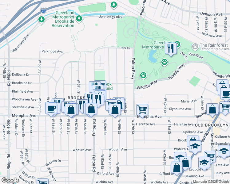 map of restaurants, bars, coffee shops, grocery stores, and more near 4209 West 49th Street in Cleveland