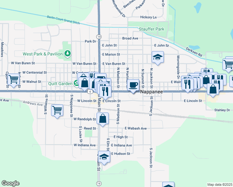 map of restaurants, bars, coffee shops, grocery stores, and more near 253 East Market Street in Nappanee