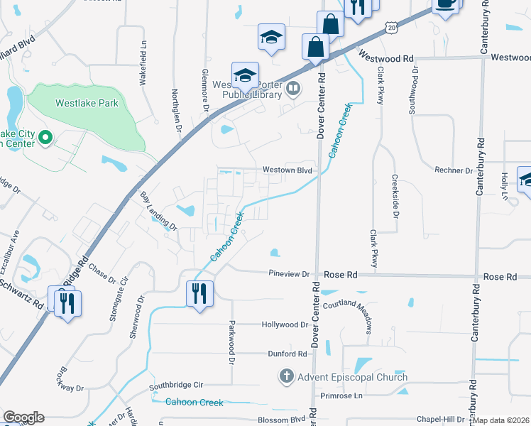 map of restaurants, bars, coffee shops, grocery stores, and more near 3214 Balsam Drive in Westlake