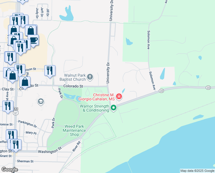 map of restaurants, bars, coffee shops, grocery stores, and more near 400 Colorado Street in Muscatine