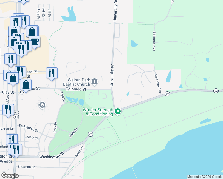 map of restaurants, bars, coffee shops, grocery stores, and more near 400 Colorado Street in Muscatine