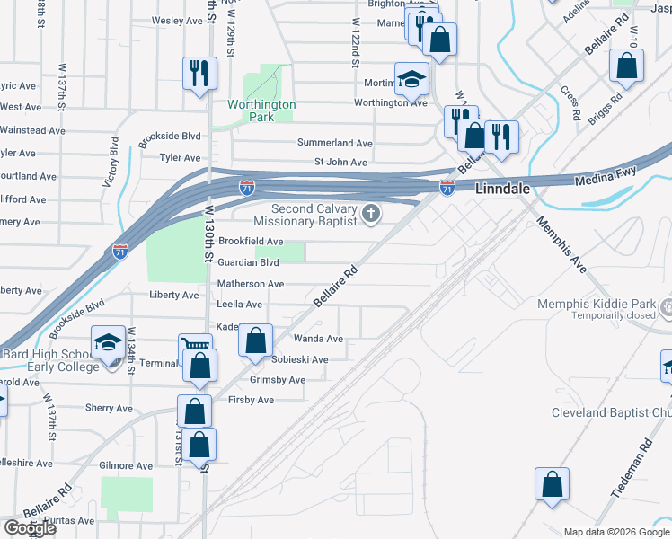 map of restaurants, bars, coffee shops, grocery stores, and more near 12208 Bellaire Road in Cleveland