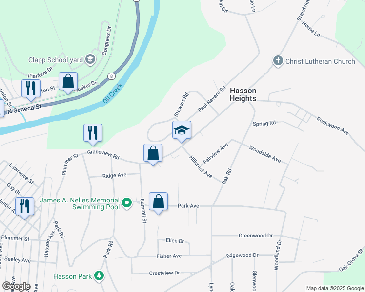 map of restaurants, bars, coffee shops, grocery stores, and more near 833 Grandview Road in Oil City