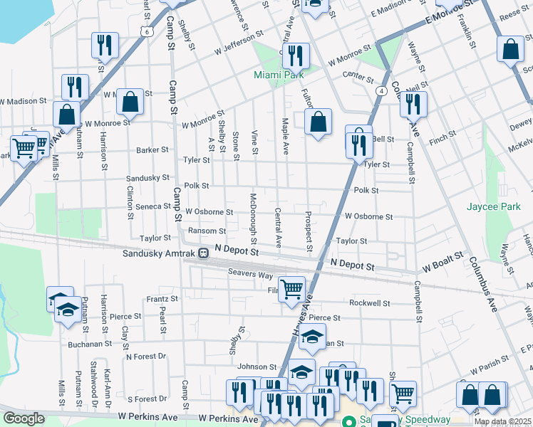 map of restaurants, bars, coffee shops, grocery stores, and more near 920 West Osborne Street in Sandusky