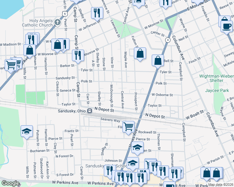 map of restaurants, bars, coffee shops, grocery stores, and more near 922 West Osborne Street in Sandusky