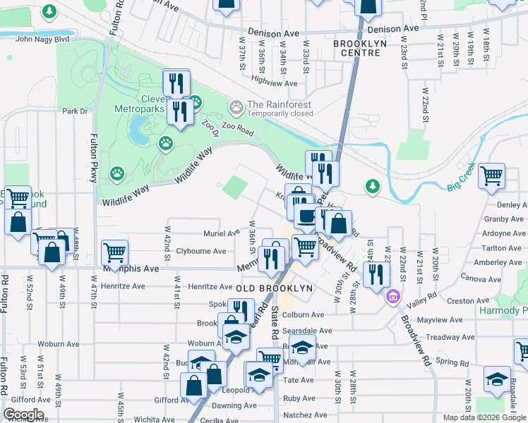 map of restaurants, bars, coffee shops, grocery stores, and more near 3528 Muriel Avenue in Cleveland