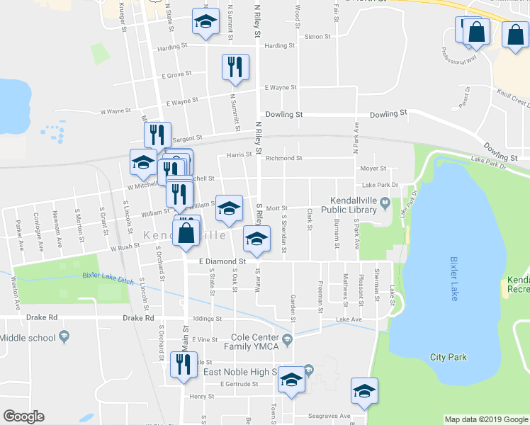 map of restaurants, bars, coffee shops, grocery stores, and more near 504 Mott Street in Kendallville
