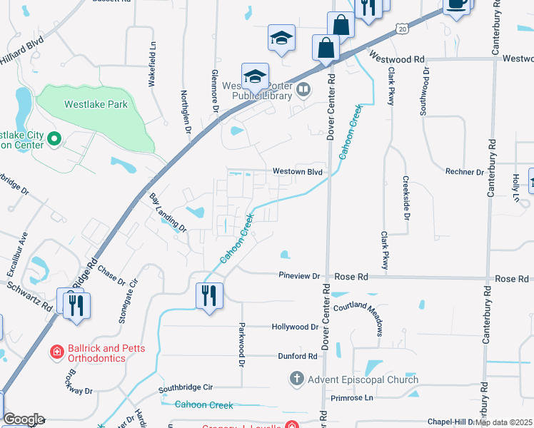 map of restaurants, bars, coffee shops, grocery stores, and more near 27453 Westown Boulevard in Westlake