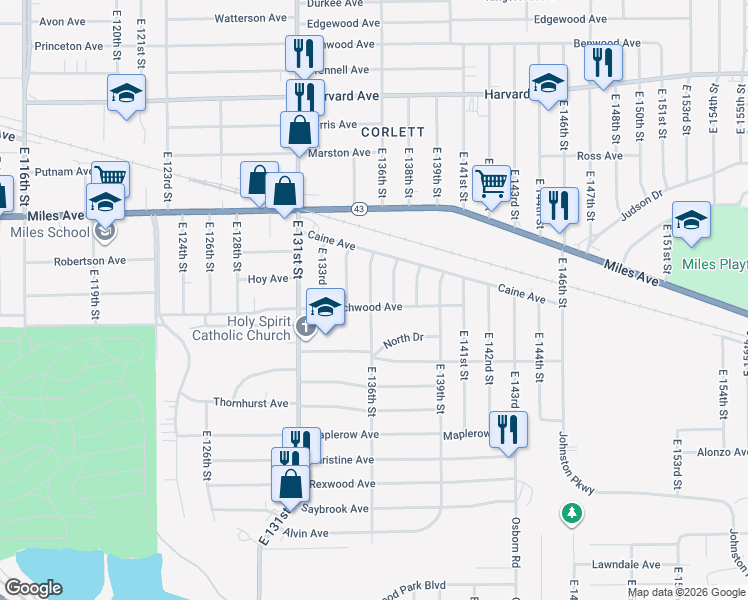 map of restaurants, bars, coffee shops, grocery stores, and more near 13602 Beachwood Avenue in Cleveland