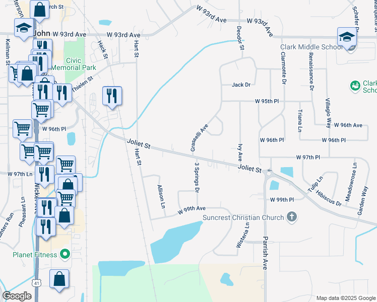 map of restaurants, bars, coffee shops, grocery stores, and more near 10137 Joliet Street in Saint John