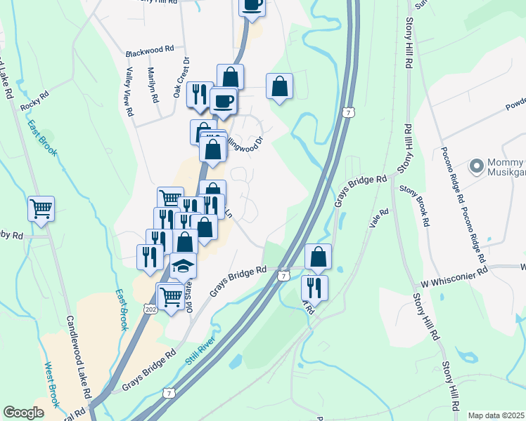 map of restaurants, bars, coffee shops, grocery stores, and more near 20 Old Grays Bridge Road in Brookfield