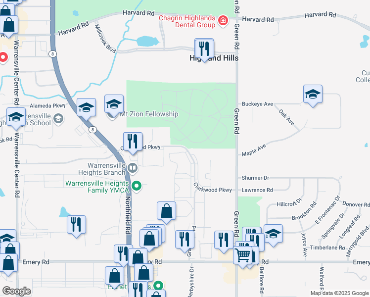 map of restaurants, bars, coffee shops, grocery stores, and more near 4361 Clarkwood Parkway in Warrensville Heights