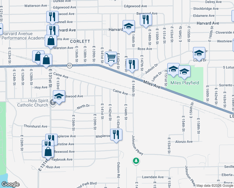 map of restaurants, bars, coffee shops, grocery stores, and more near 4328 East 143rd Street in Cleveland