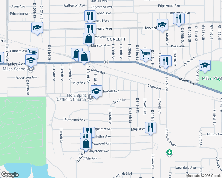 map of restaurants, bars, coffee shops, grocery stores, and more near 13602 Beachwood Avenue in Cleveland