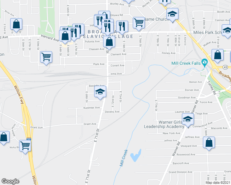 map of restaurants, bars, coffee shops, grocery stores, and more near 4302 East 73rd Street in Cleveland