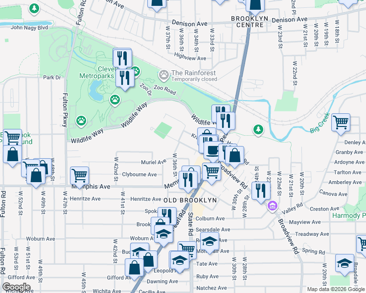map of restaurants, bars, coffee shops, grocery stores, and more near 3528 Muriel Avenue in Cleveland