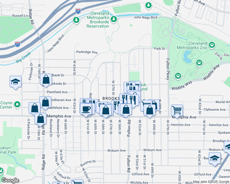 map of restaurants, bars, coffee shops, grocery stores, and more near 4212 West 57th Street in Cleveland