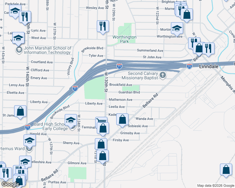 map of restaurants, bars, coffee shops, grocery stores, and more near 12902 Matherson Avenue in Cleveland