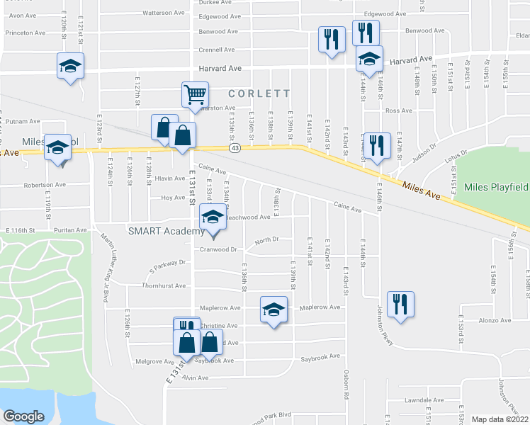 map of restaurants, bars, coffee shops, grocery stores, and more near 13705 Beachwood Avenue in Cleveland