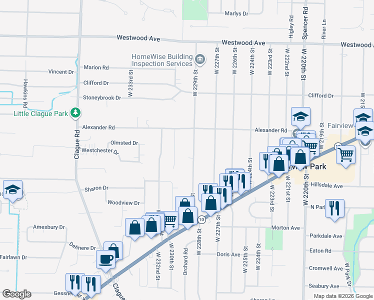 map of restaurants, bars, coffee shops, grocery stores, and more near 4256 West 229th Street in Fairview Park