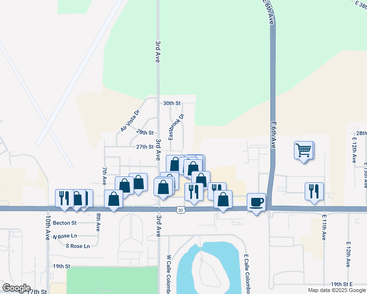 map of restaurants, bars, coffee shops, grocery stores, and more near 2701 East 1st Avenue in Columbus