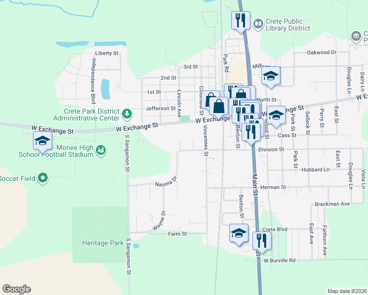 map of restaurants, bars, coffee shops, grocery stores, and more near 646 Naoma Drive in Crete