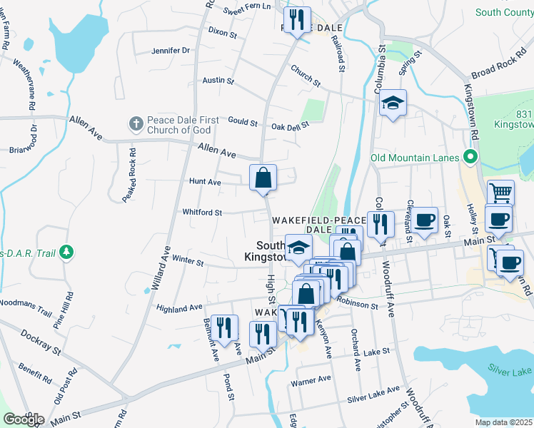 map of restaurants, bars, coffee shops, grocery stores, and more near 210 High Street in South Kingstown